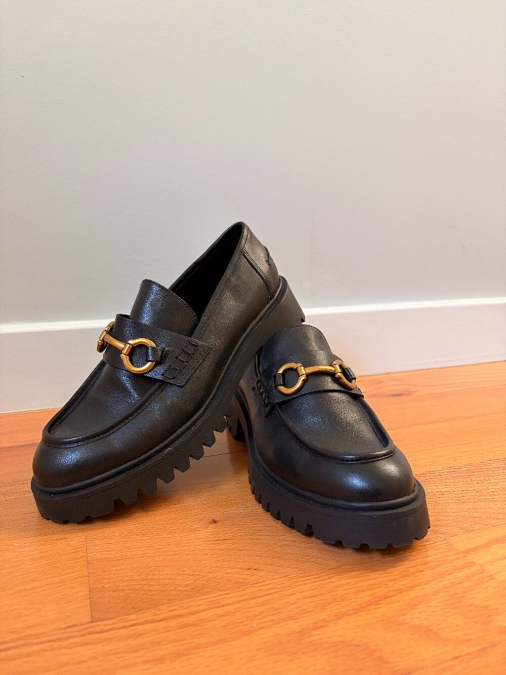 Mango Black Leather Moccasin with track sole